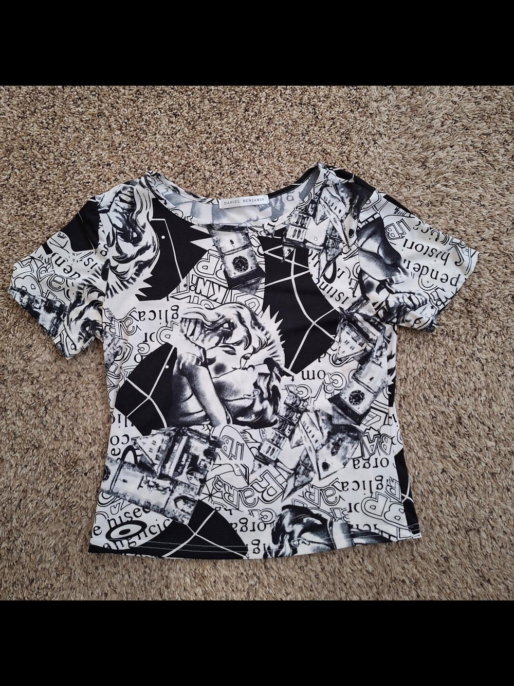 Daniel Benjamin Vintage Y2K Black White Monochromatic Pop Art Graphic Top Small